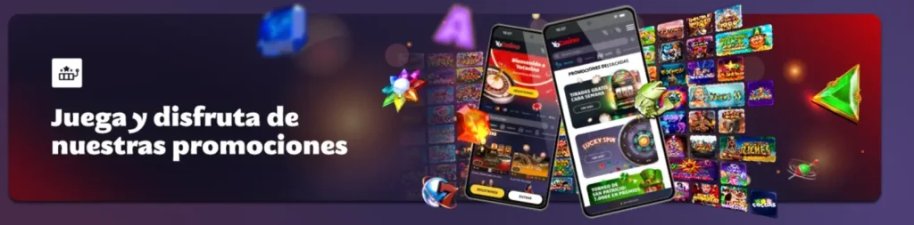 Móviles mostrando app de YoCasino con juegos y promos, invitando a jugar en el casino.