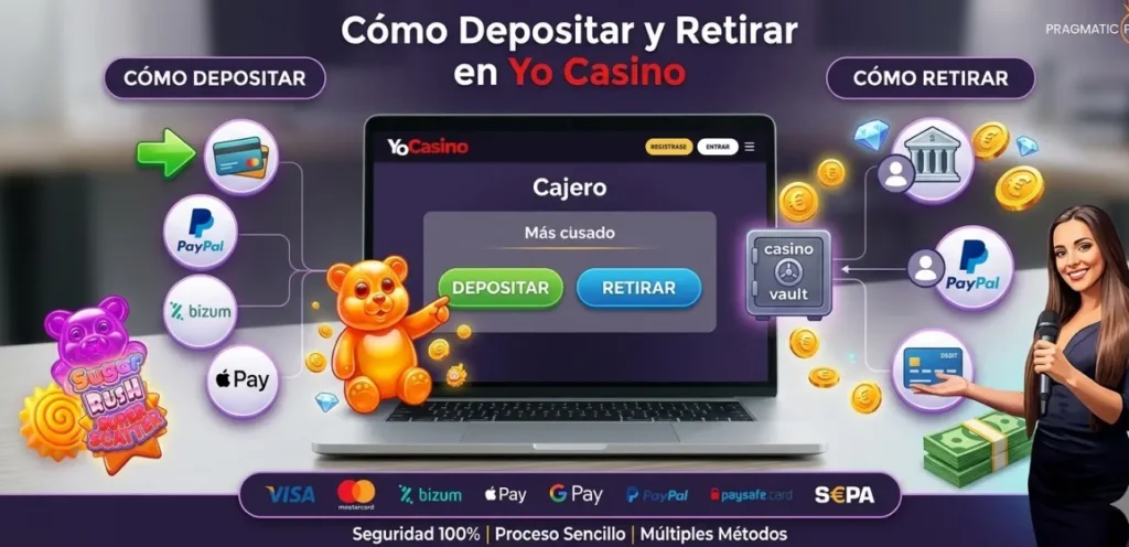 Guía visual de YoCasino sobre depósitos y retiros en laptop, facilitando transacciones seguras.