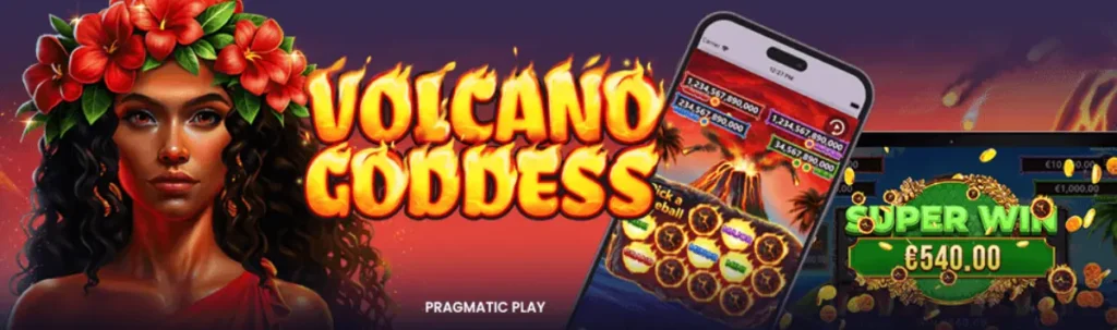 Banner del slot Volcano Goddess con celular mostrando premios, promocionando juegos en YoCasino.