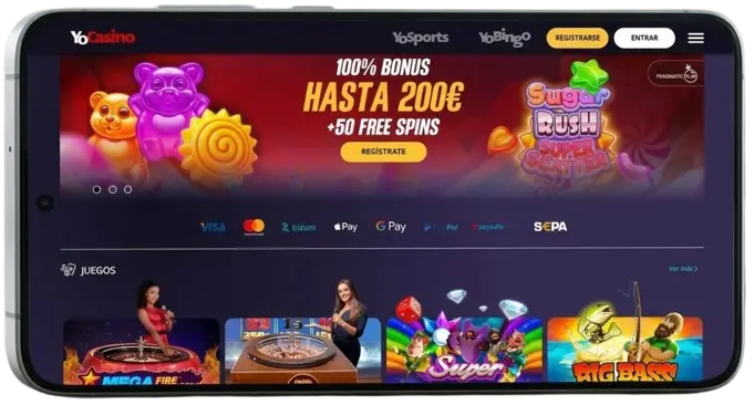 Celular mostrando YoCasino con bono 'Hasta 200€' en escritorio, ilustrando el juego móvil.