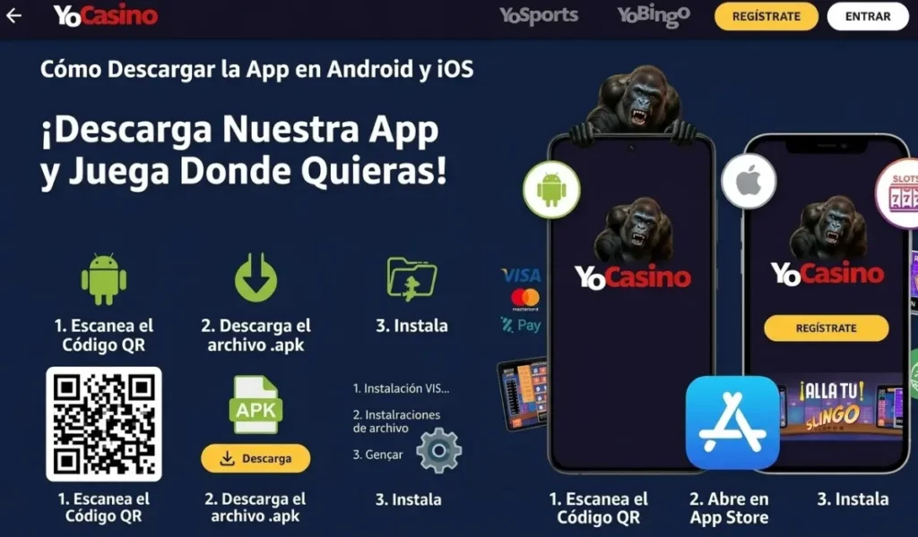 Instrucciones de YoCasino para instalar la aplicación en Android mediante código QR y en iOS desde la App Store.