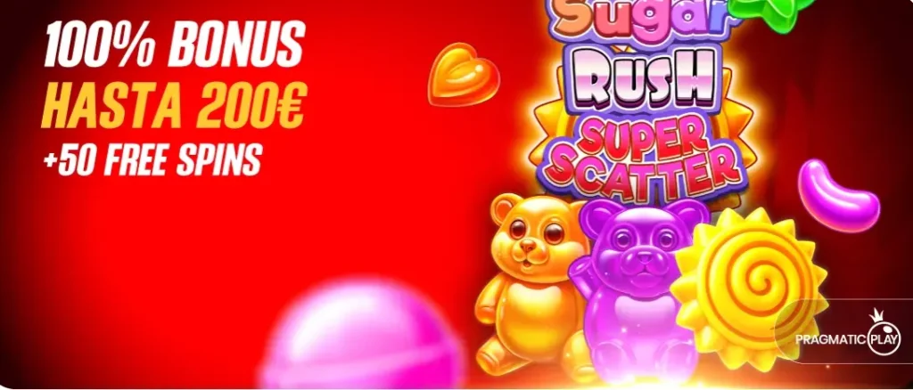 Banner con un bono del 100% hasta €200 y 50 giros gratis para la tragamonedas Sugar Rush Super Scatter.