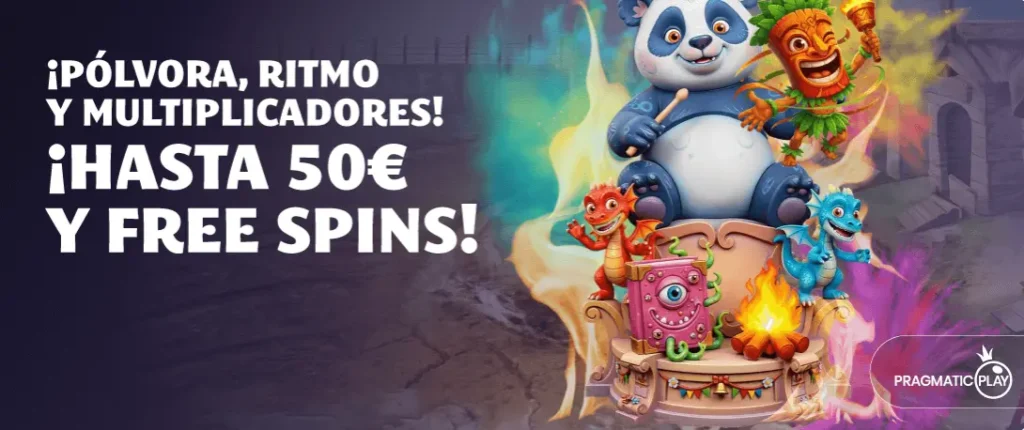 Banner de Pragmatic Play con un bono de 50 € y giros gratis para informar a los jugadores sobre las promociones del casino.