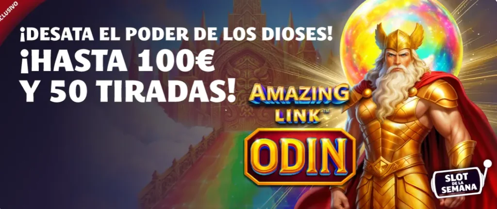 Increíble banner de Link Odin en YoCasino que ofrece un bono de 100 € y 50 giros gratis.