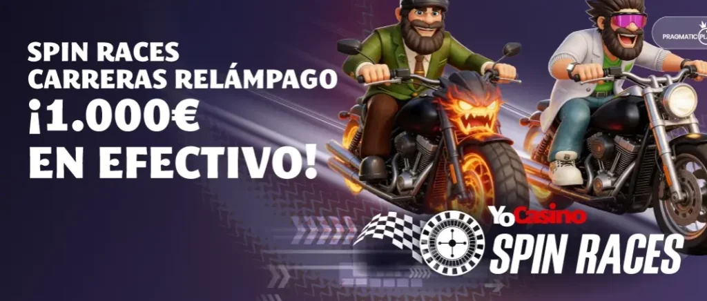 Banner promocional de Spin Races de YoCasino con un premio de 1000 € por participar en el torneo.