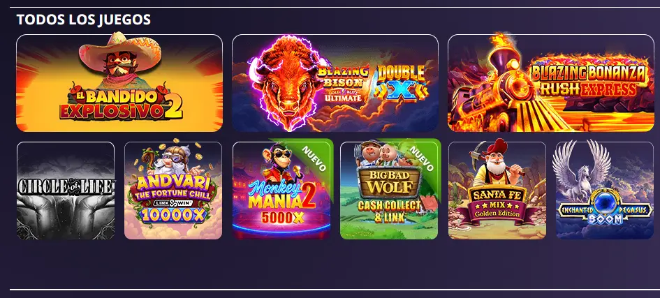 Cuadrícula de máquinas tragamonedas de YoCasino con los nuevos lanzamientos Monkey Mania 2 y Big Bad Wolf.