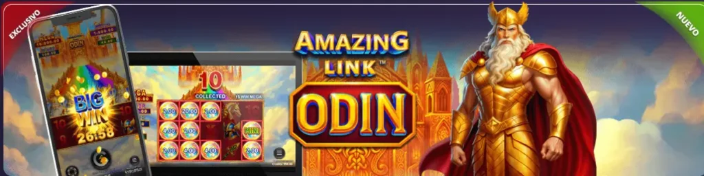 Un increíble banner promocional de Link Odin muestra la mecánica de juego de la tragamonedas en dispositivos móviles.