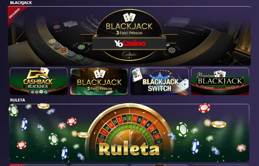 Las secciones de Blackjack y Ruleta de YoCasino ofrecen juegos de cartas y ruleta para una amplia selección de entretenimiento de juegos de azar.