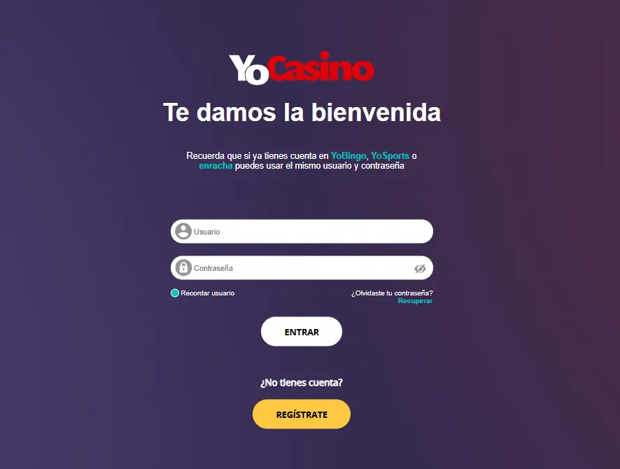Formulario de inicio de sesión de YoCasino para autorizar a los usuarios existentes y proceder al registro de nuevos usuarios.