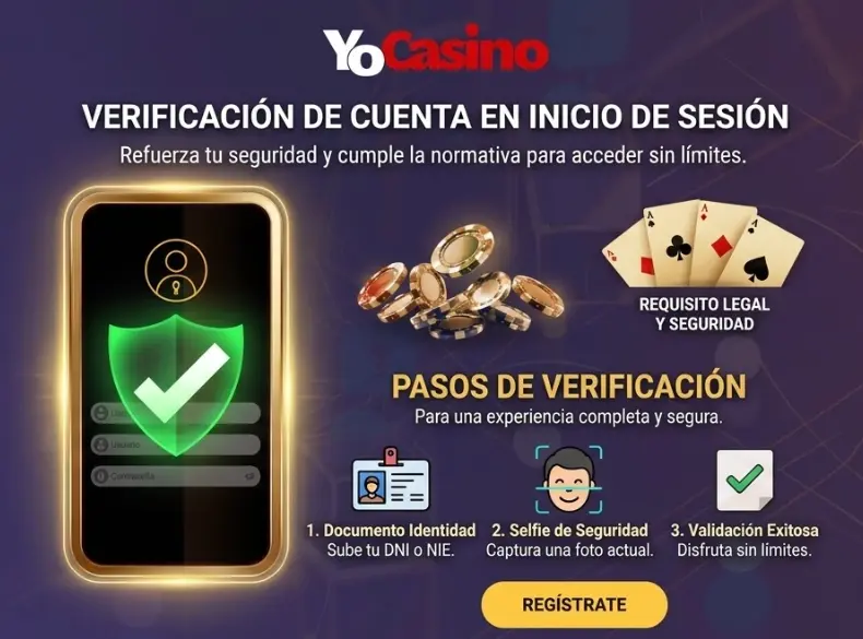 Infografía sobre los pasos de verificación de YoCasino para un inicio de sesión seguro y el cumplimiento de las normas de la plataforma.