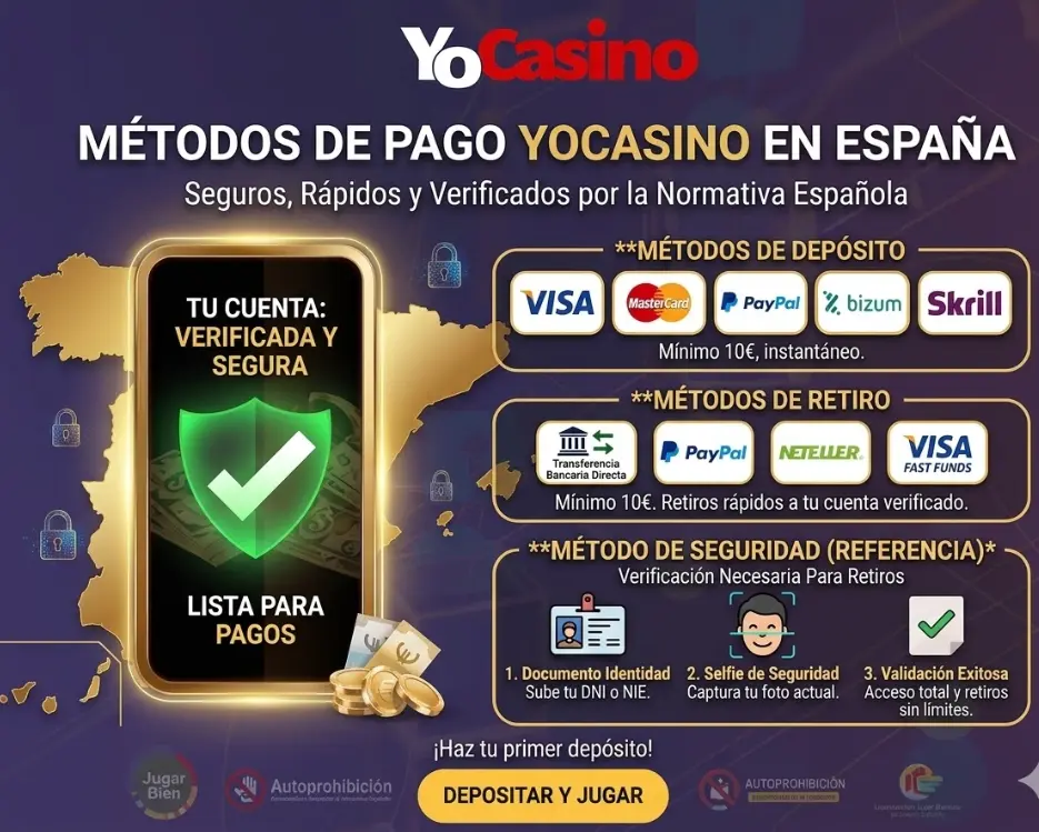 Infografía sobre los métodos de pago de YoCasino España para ayudarte a comprender las condiciones de depósito y retirada.
