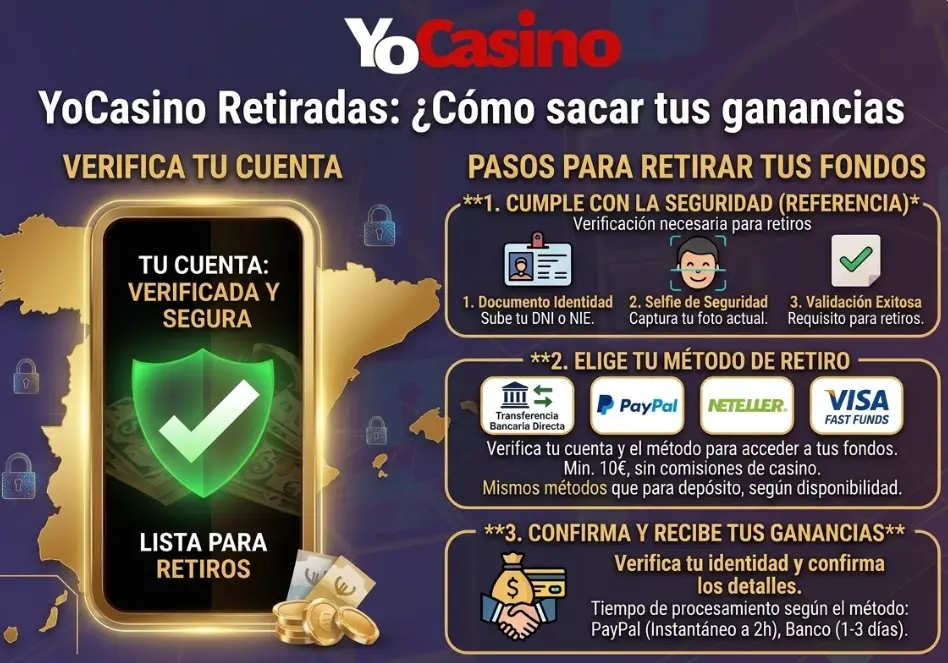 Infografía sobre retiros en YoCasino, que describe los pasos de verificación y la selección del método de pago.