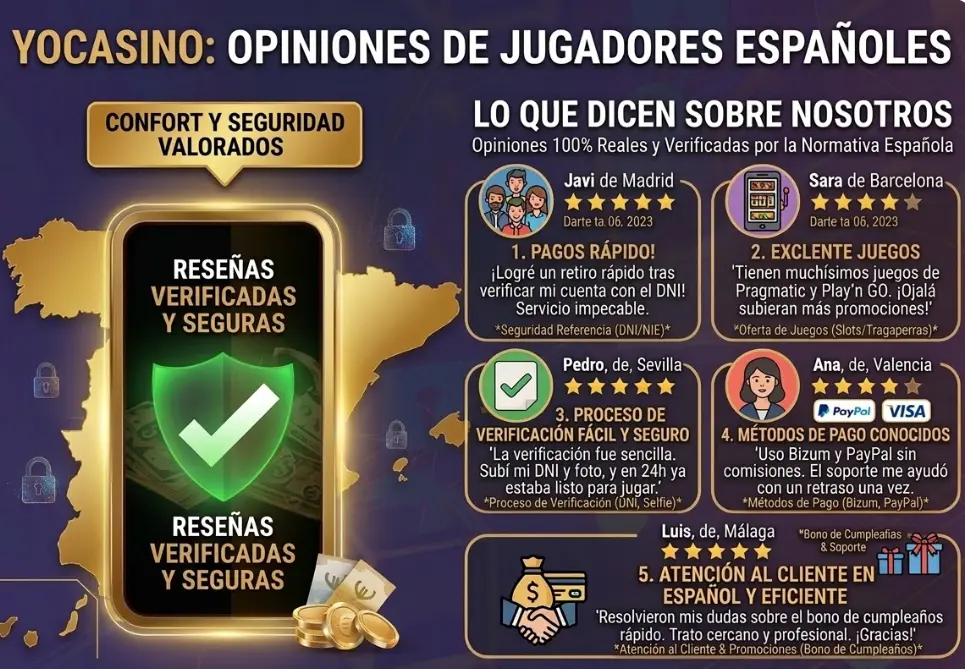 Una infografía con reseñas de YoCasino escritas por jugadores españoles, que destaca la comodidad, la seguridad y las ventajas del casino.