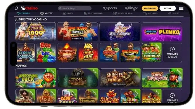 Pantalla de YoCasino con una selección de los mejores juegos para dispositivos móviles.