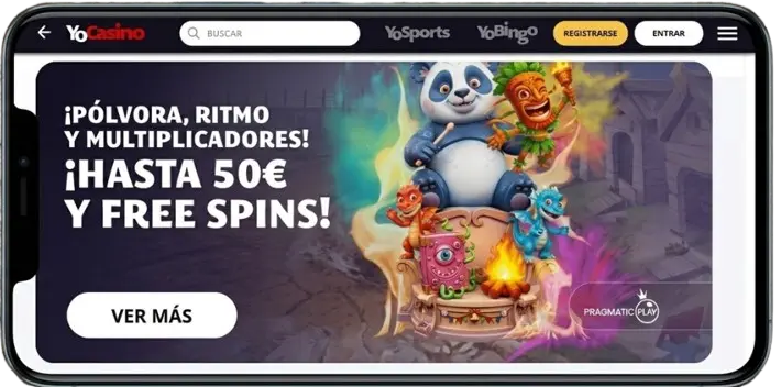 Banner publicitario de YoCasino en un teléfono inteligente que ofrece un bono de 50 € y giros gratis.