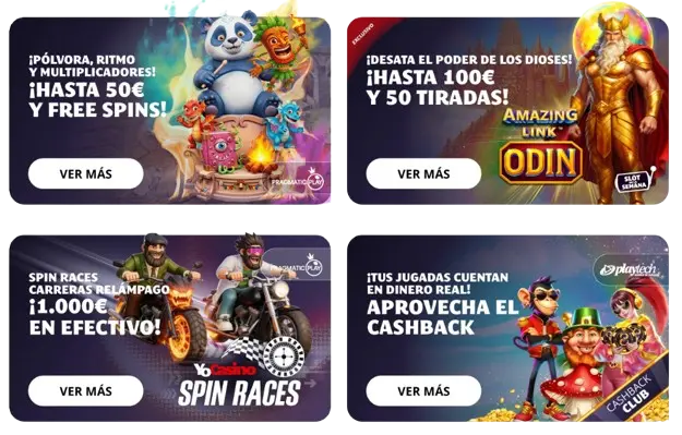 Promociones de casino: bonos de giros gratis, reembolsos y torneos de tragamonedas en las marcas Pragmatic Play y Playtech.