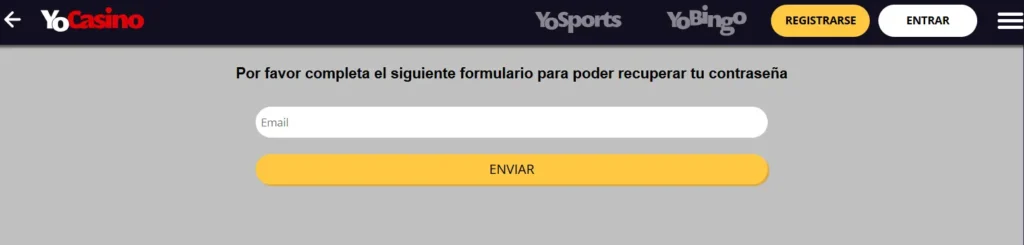 Formulario para recuperar contraseña en YoCasino para acceder a la cuenta.